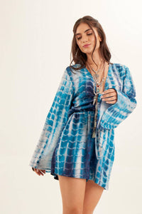 Women's Blue Digital Tie Dye Front Tie Romper Yacamim