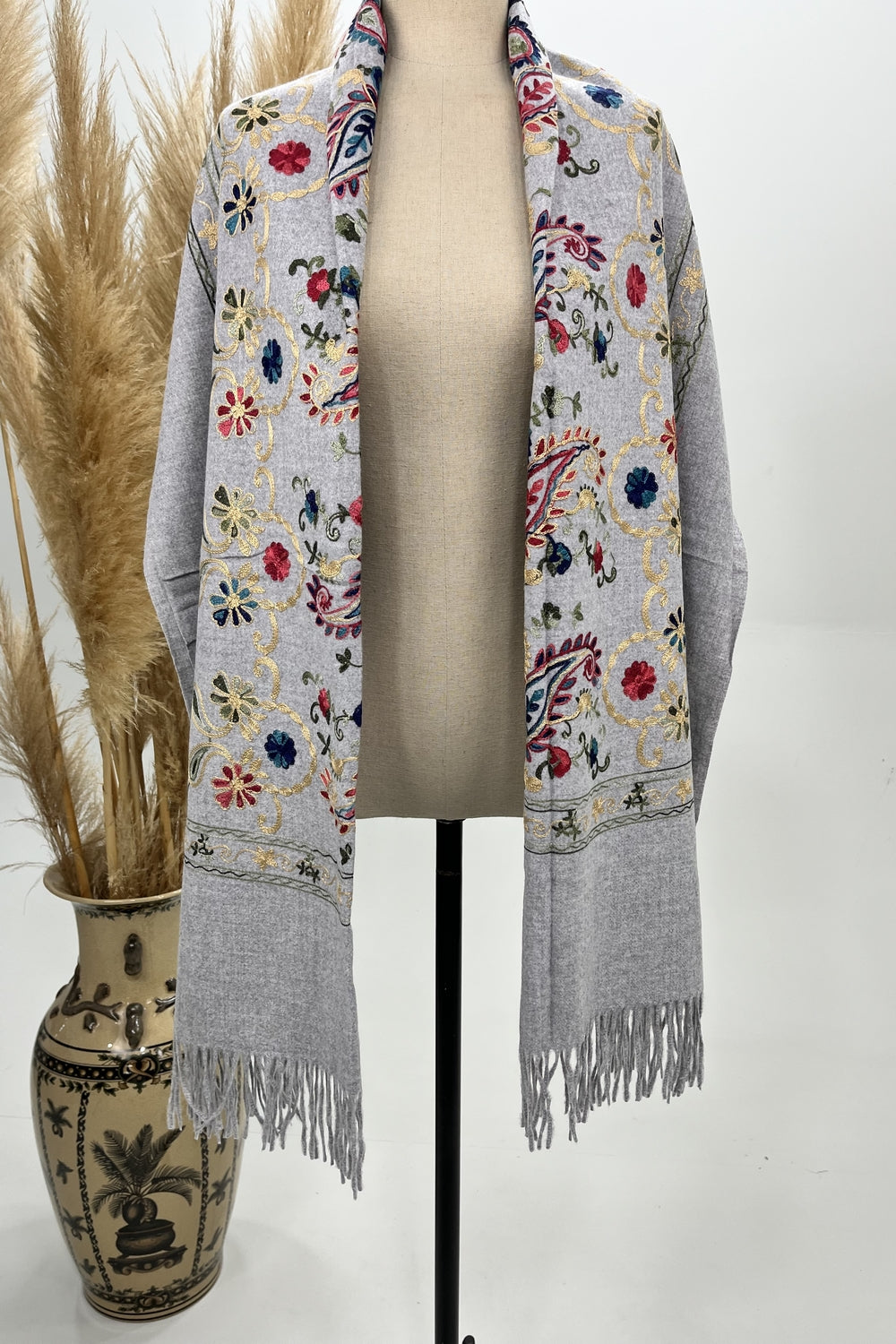 Embroidered Grey Cashmere Scarf Yacamim #231