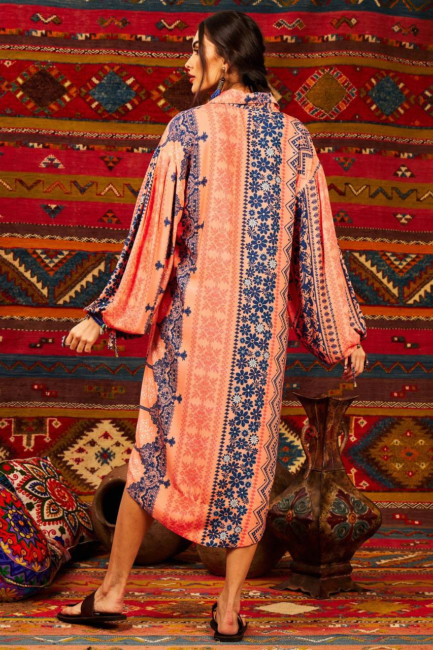 Salmon Printed Yacamim Midi Shirt with Puffy Sleeves
