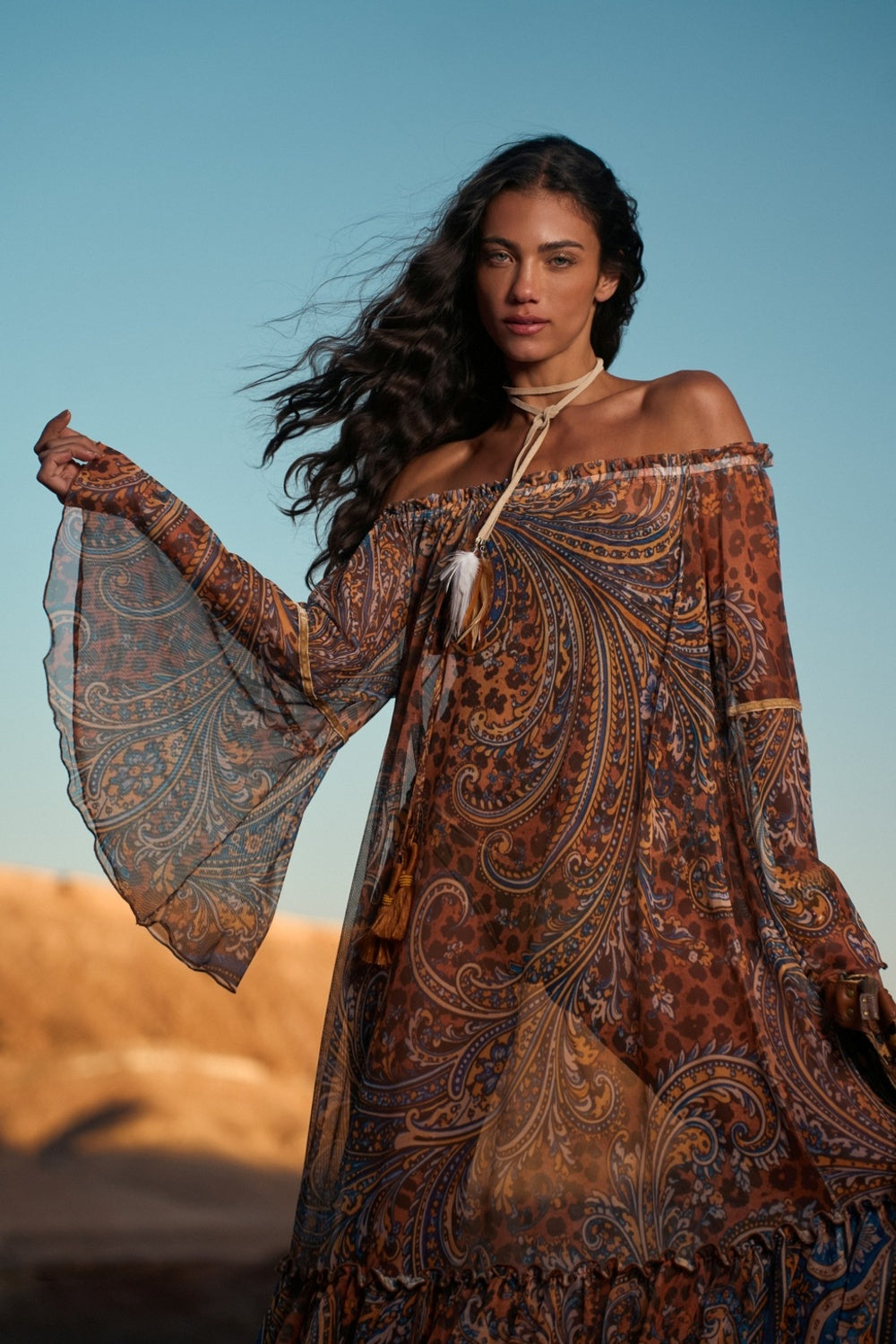 Yacamim E3 Paisley Animal Print Off-the-Shoulder Tulle Maxi Dress