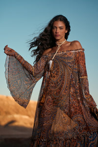 Yacamim E3 Paisley Animal Print Off-the-Shoulder Tulle Maxi Dress