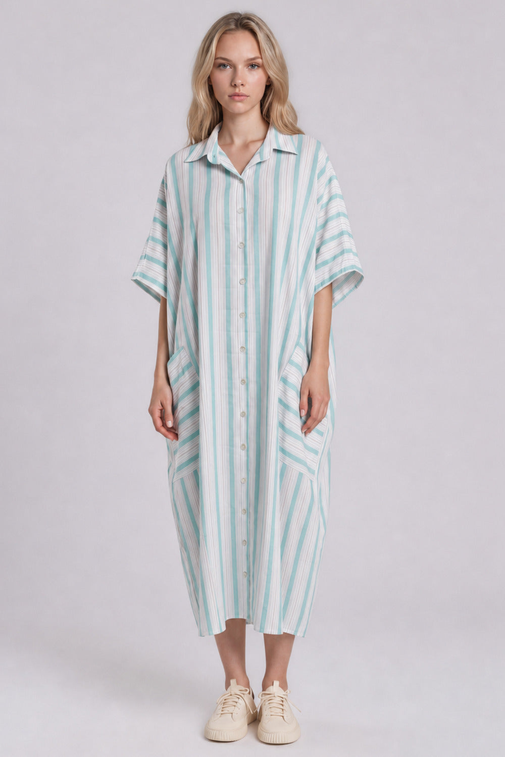 Chemise Longa Ampla Off White E Verde Listrado Yacamim L7