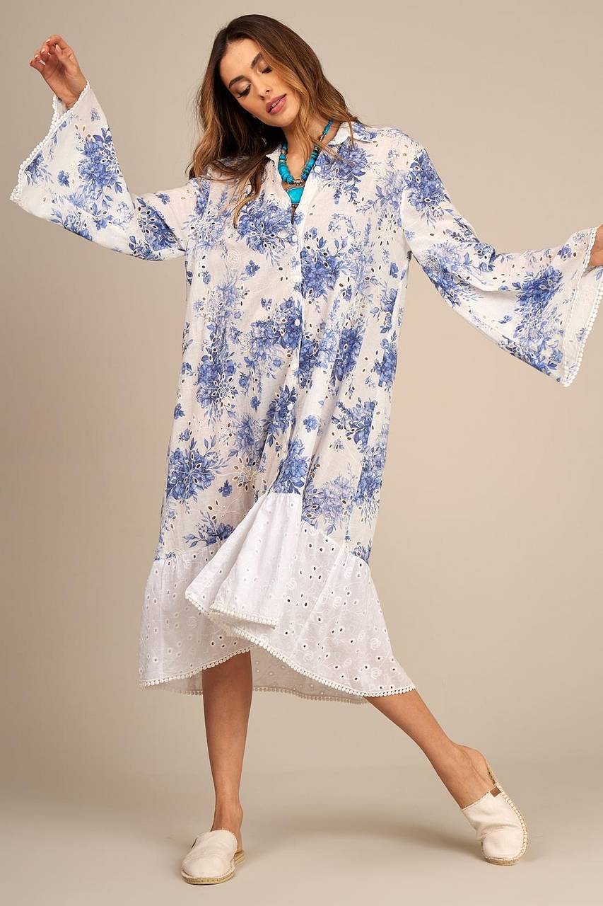 Blue and White Patchwork Broderie Midi Shirt Dress Yacamim D13