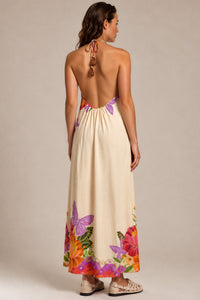 Vestido Longo Frente Única Bege Floral Com Borboletas Yacamim E6
