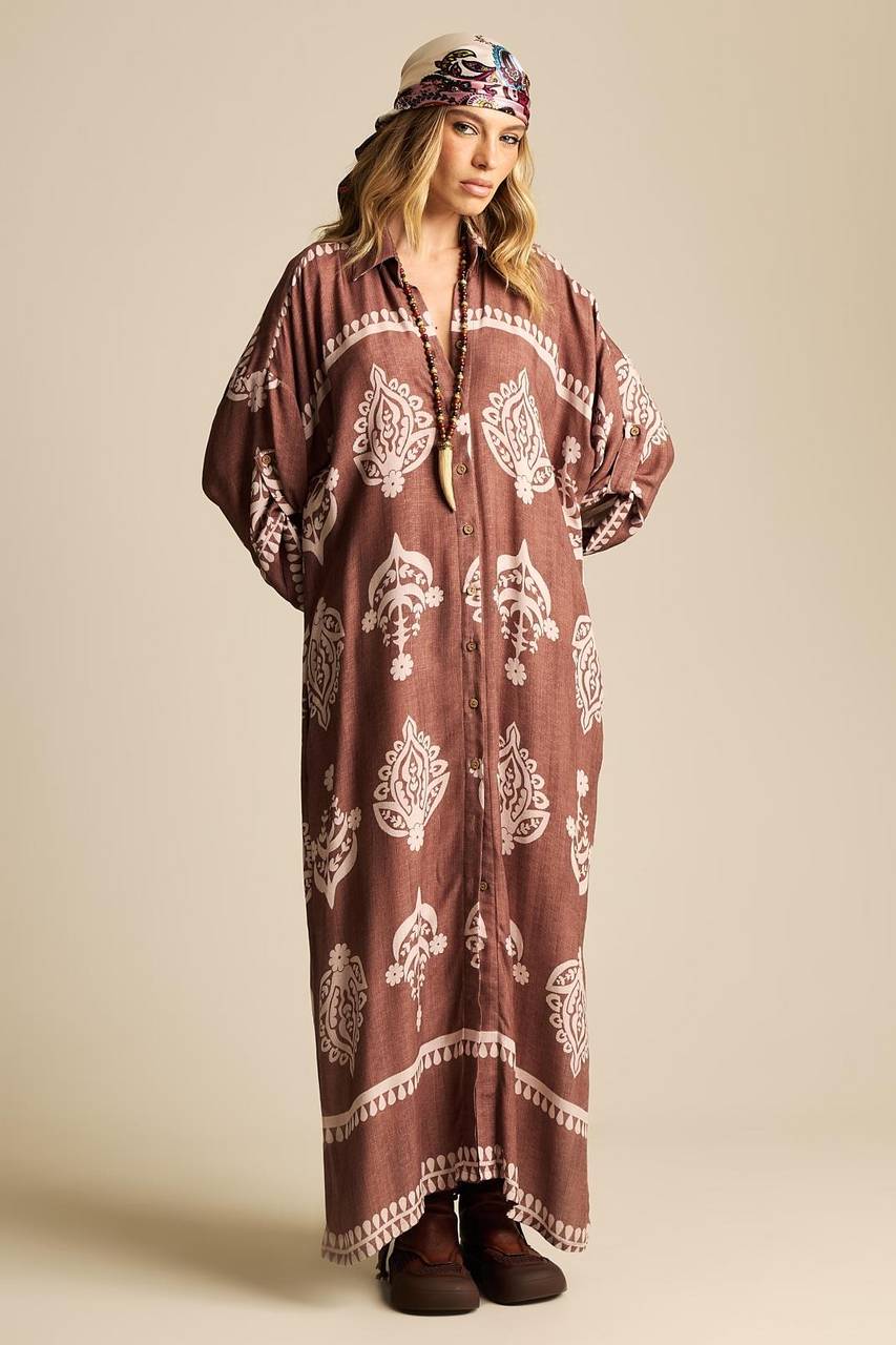 Yacamim Printed Brown 3/8 Sleeve Long Shirt