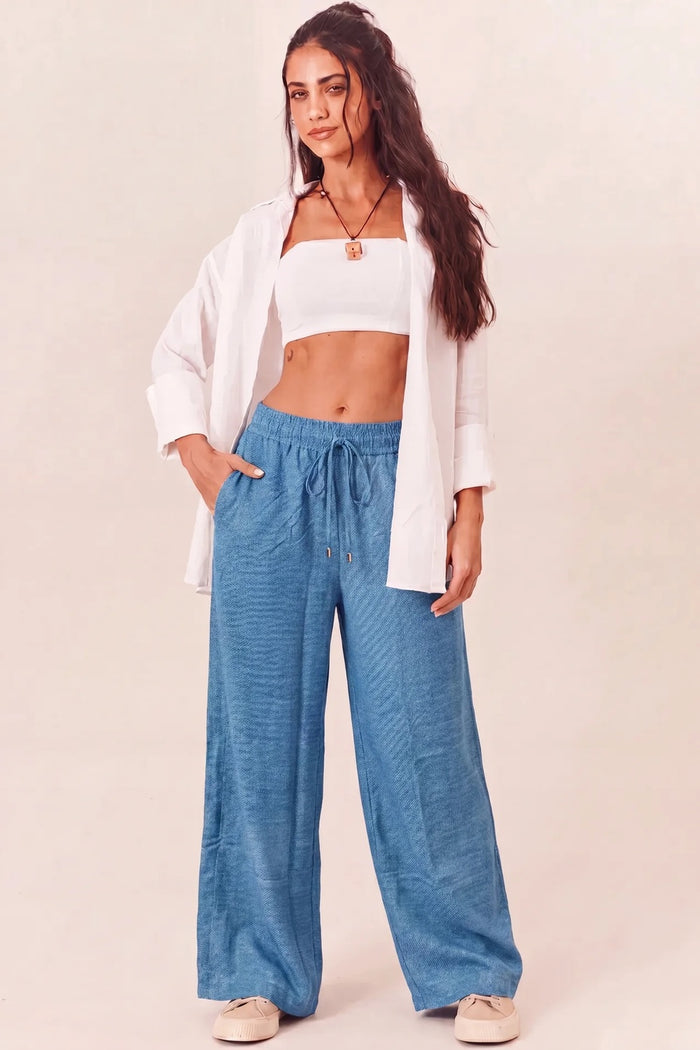 Calça Pantalona Com Bolsos Azul Estampada Yacamim T10