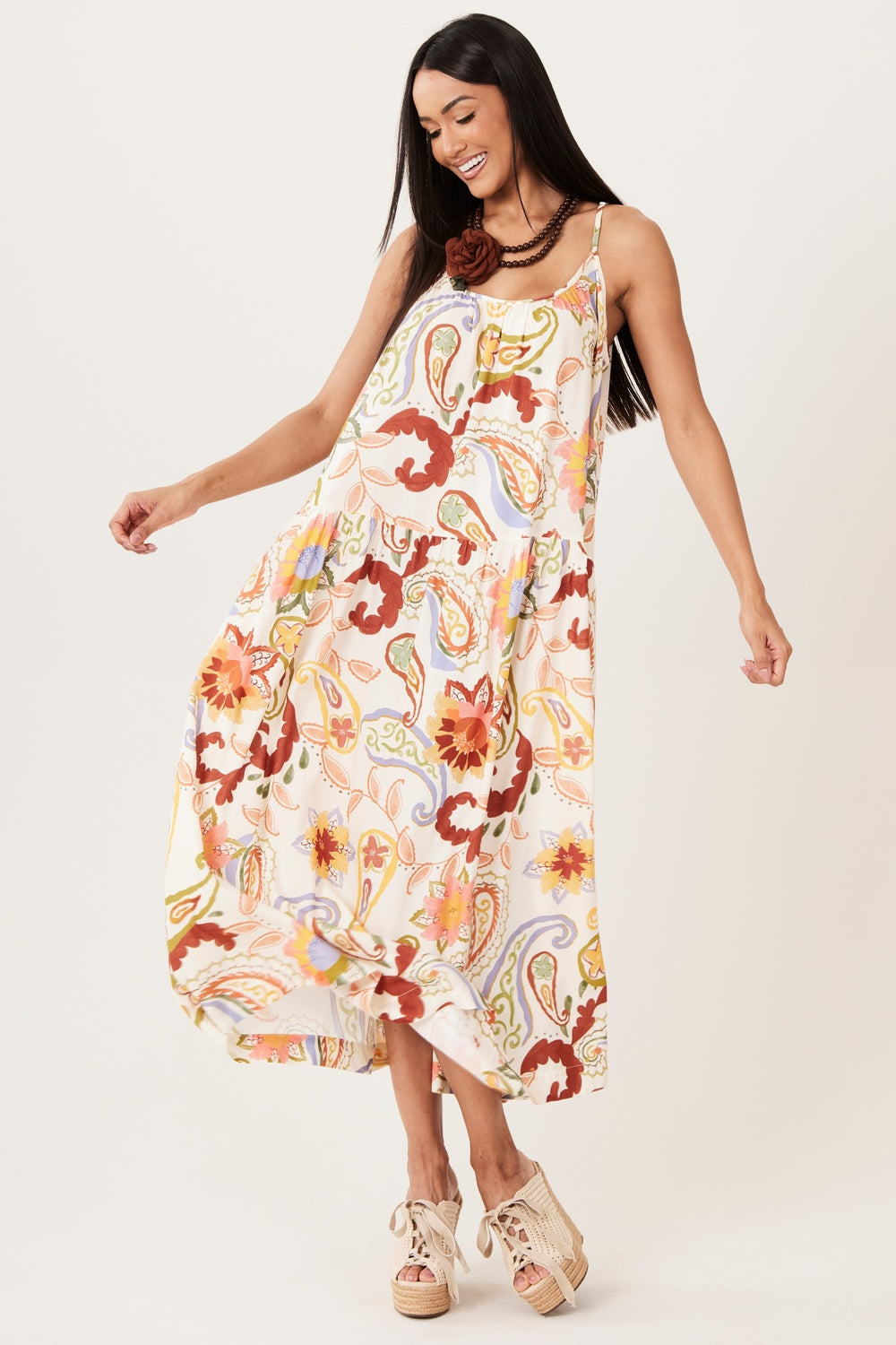 Yacamim D16 Beige Paisley Print Strappy Midi Dress
