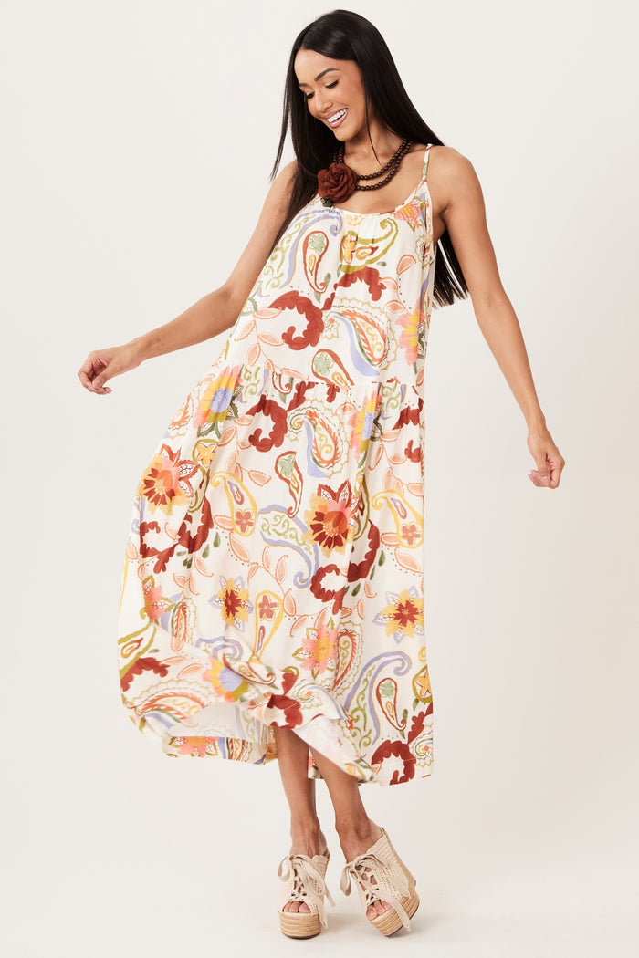 Yacamim D16 Beige Paisley Print Strappy Midi Dress