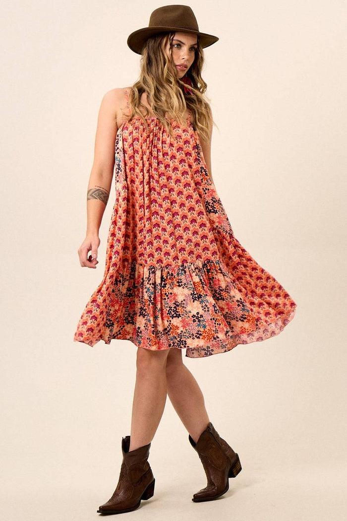 Yacamim E2 Short Salmon Patchwork Dress with Adjustable Straps
