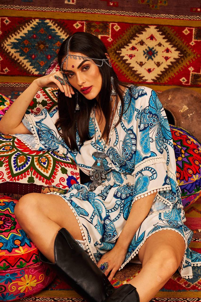 Yacamim White Butterfly Print Mullet Dress with Shirred Waist