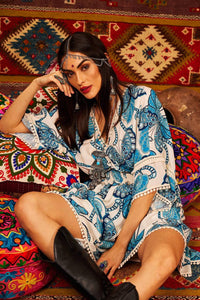 Yacamim White Butterfly Print Mullet Dress with Shirred Waist