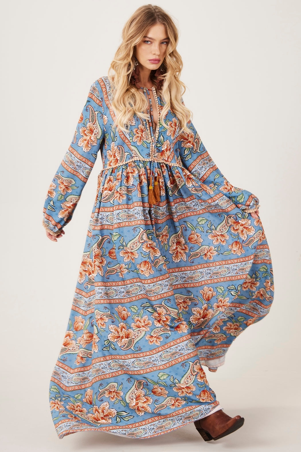 Yacamim E26 Blue Paisley Long Dress with Puff Sleeves