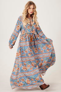 Yacamim E26 Blue Paisley Long Dress with Puff Sleeves