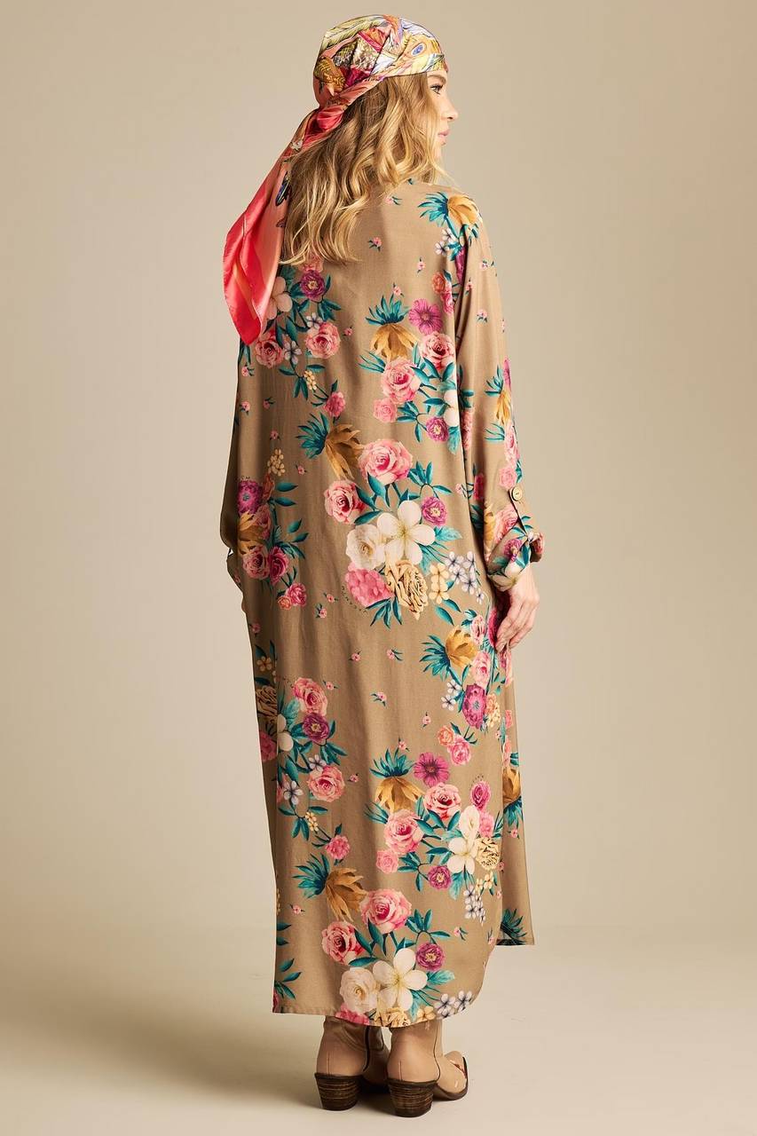 Yacamim N6 Printed Brown Long Shirtdress with Pockets