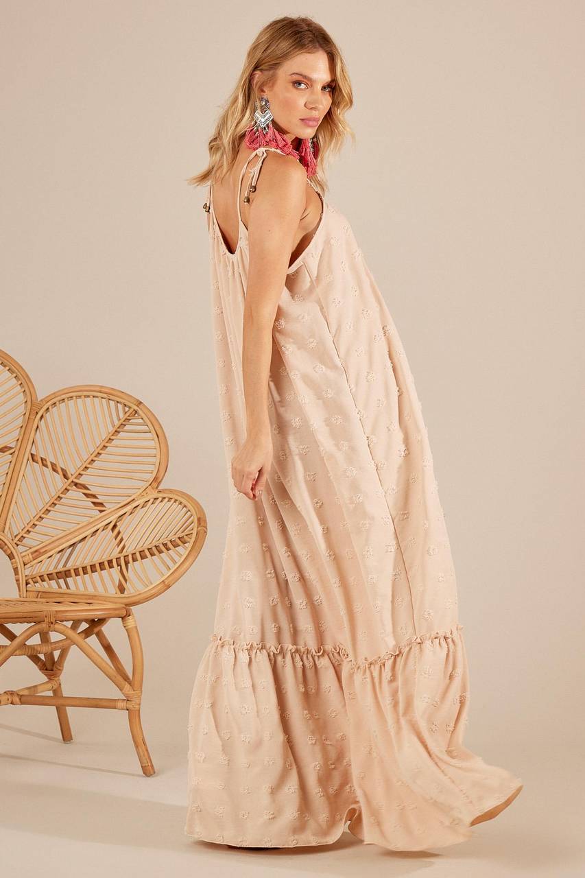 Yacamim Beige Textured Long Dress with Straps