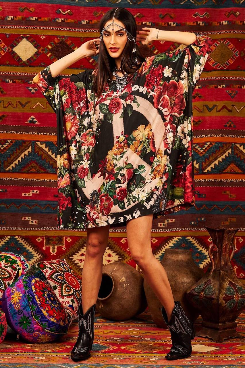Loose Tunic 3/4 Sleeves Exclusive Print Peace Love Yacamim