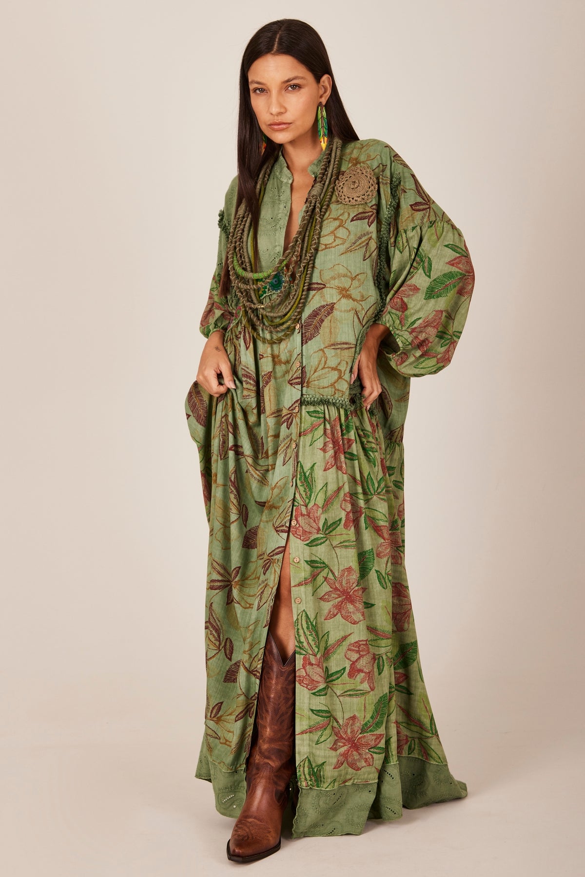 Yacamim C26 Green Patchwork Crochet Long Dress