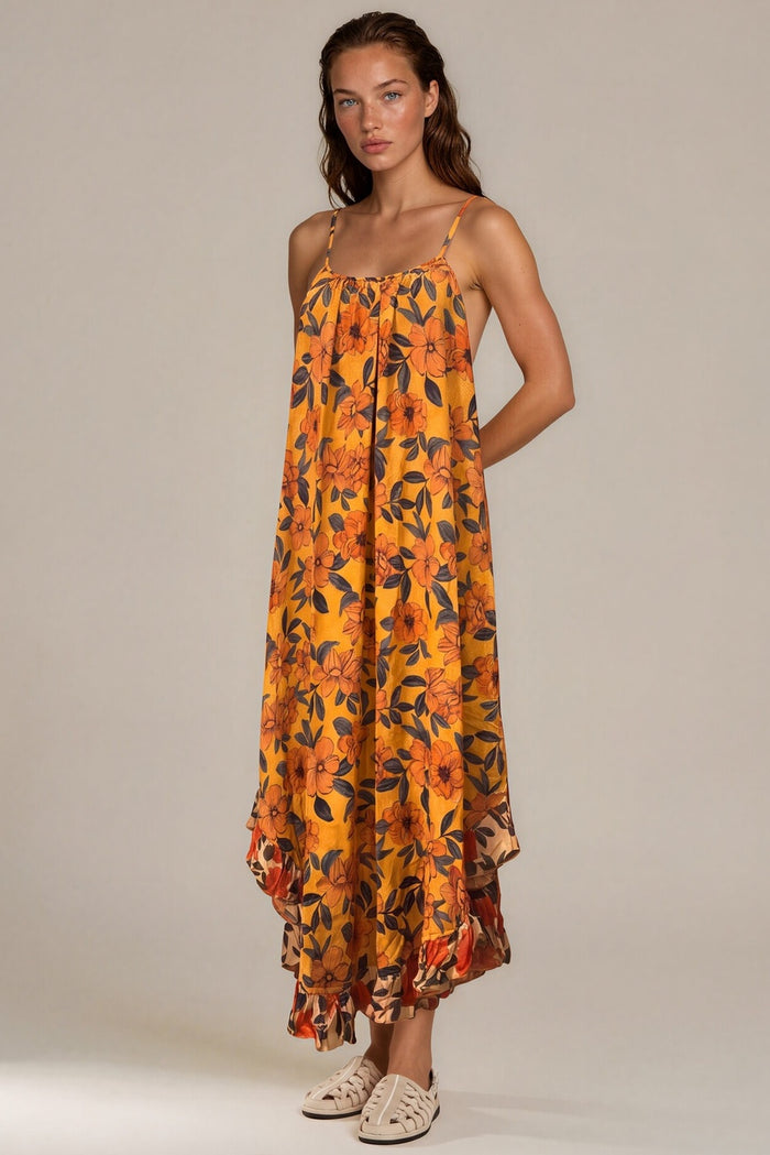 Vestido Midi De Alças Reguláveis Laranja Floral Patchwork Yacamim E7