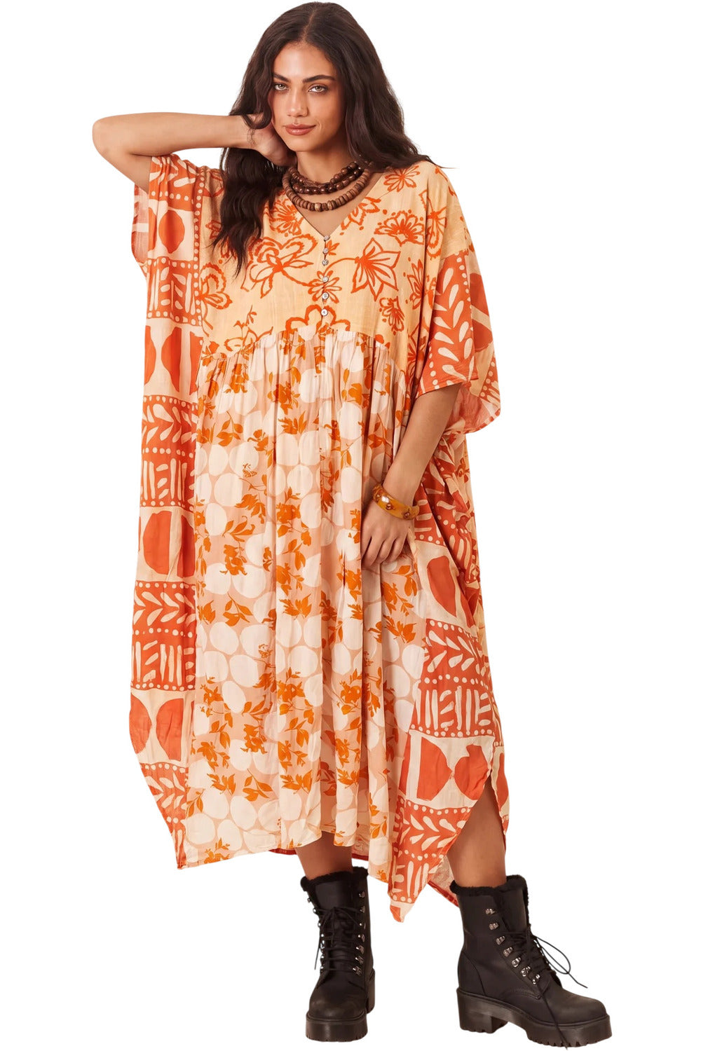 Kaftan Midi Com Manga 3/8 Laranja Patchwork
