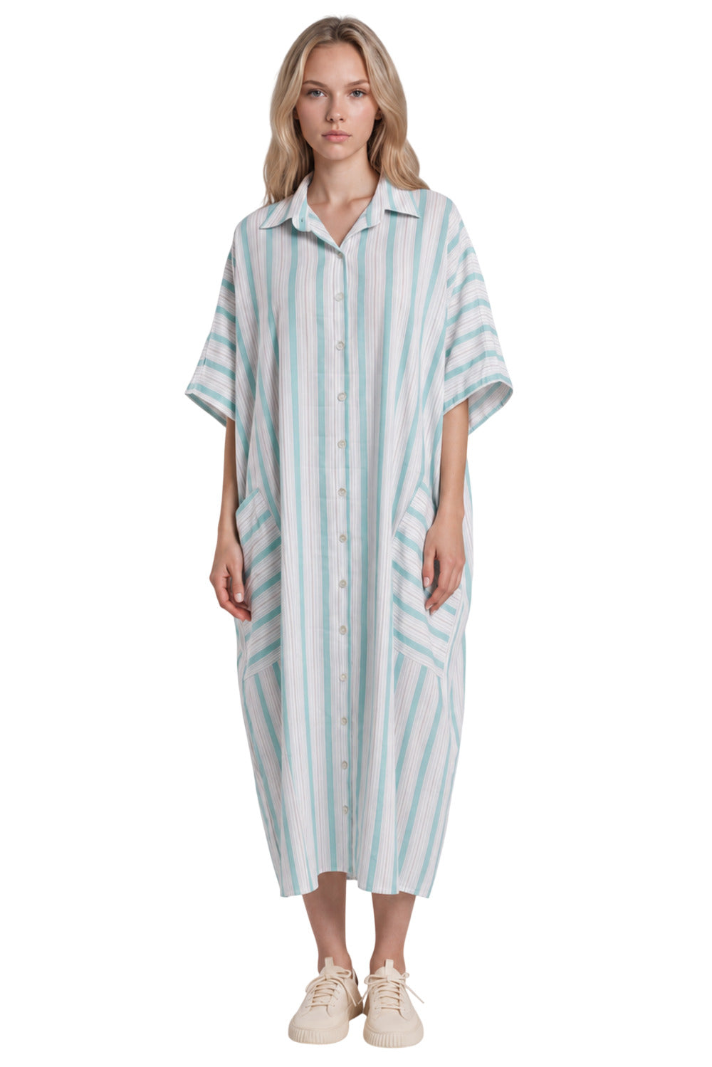Chemise Longa Ampla Off White E Verde Listrado Yacamim L7