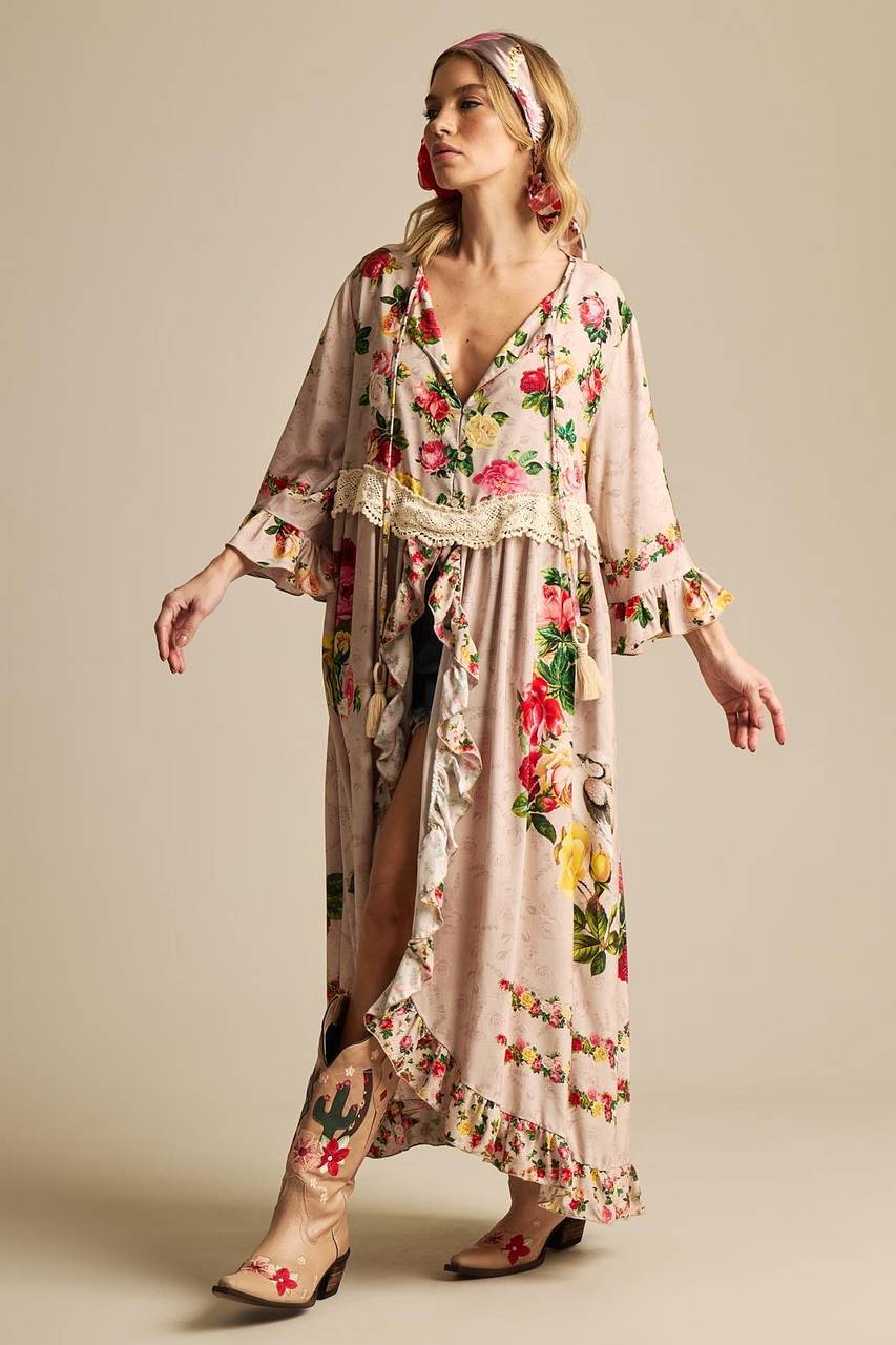 Yacamim C27 Beige Floral Print Midi Dress With Front Slit