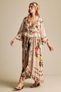 Yacamim C27 Beige Floral Print Midi Dress With Front Slit