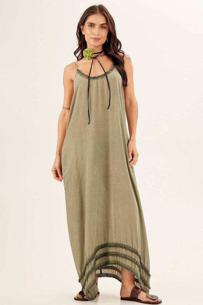 Yacamim Green Ruffled Strap Maxi Dress