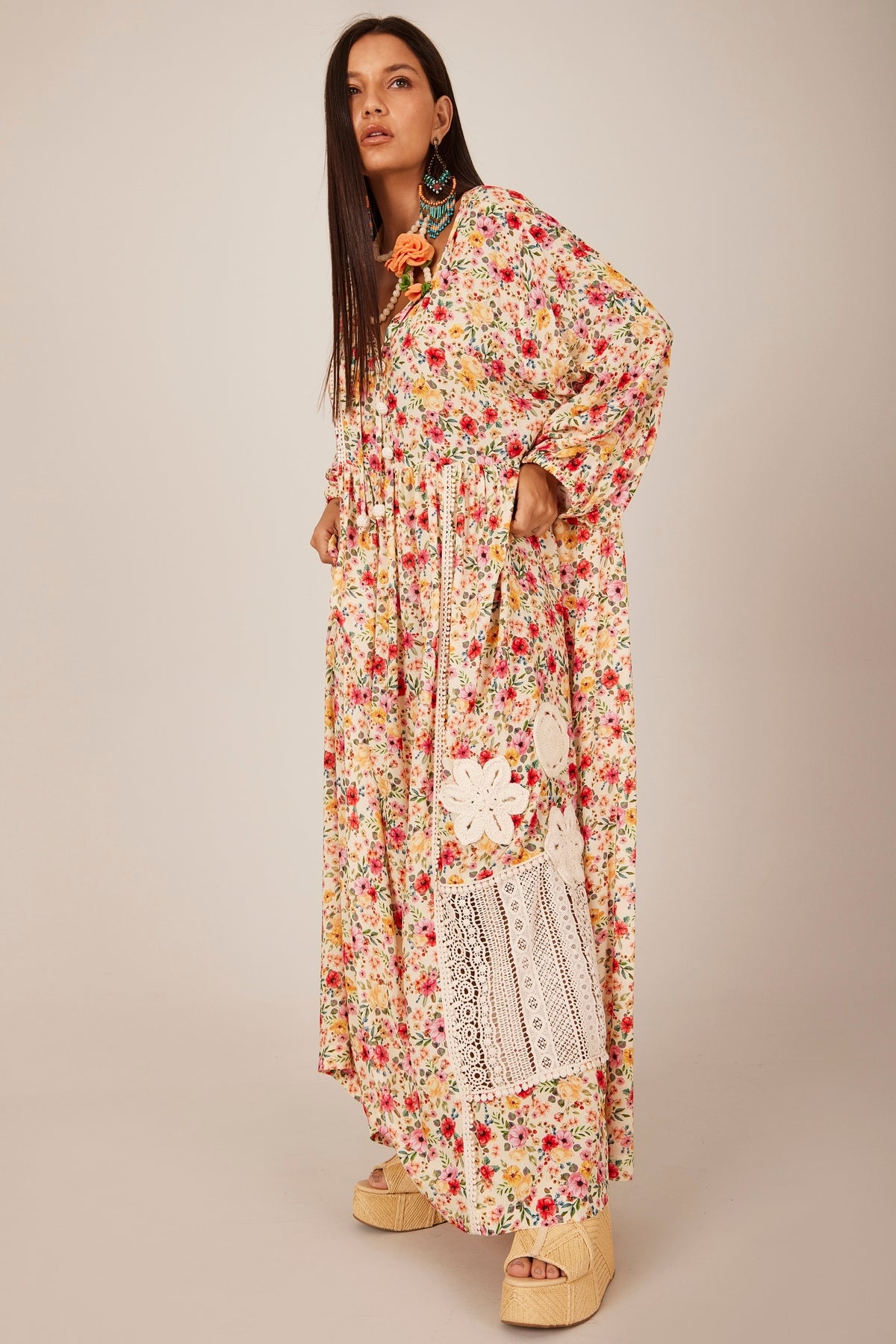 Long Dress with Puffy Sleeves Beige Printed Yacamim C14
