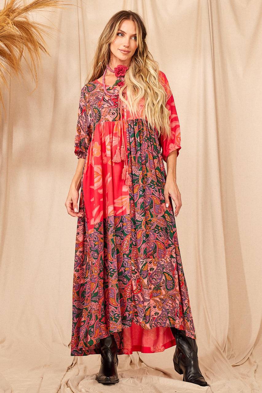 Women's Pink Patchwork Pom Pom Drawstring Long Dress