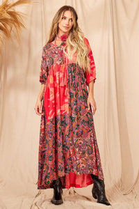 Women's Pink Patchwork Pom Pom Drawstring Long Dress