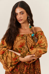 Vestido Curto Ciganinha Patchwork Marrom Claro Yacamim C11