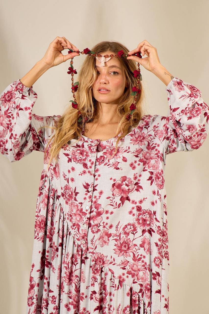 Long Dress with Asymmetrical Cut Gray Burgundy Floral Print Yacamim
