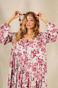Long Dress with Asymmetrical Cut Gray Burgundy Floral Print Yacamim