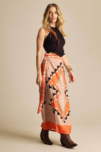 Yacamim A39 Printed Orange Wrap Long Straight Skirt