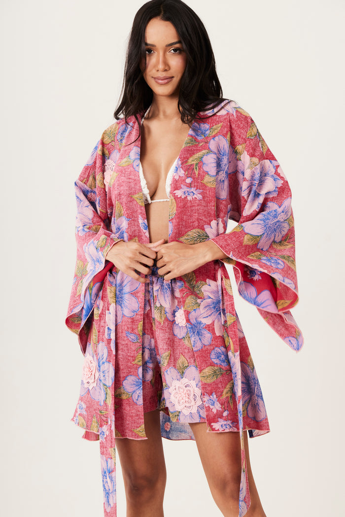 Inhotim Short Kimono 100% Cotton Red Floral Yacamim R6