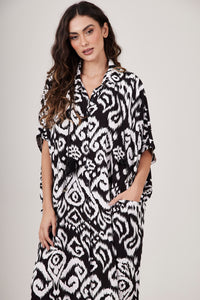 White and Black Printed Midi Shirt Dress Yacamim N9