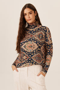 Yacamim B29 Blue Ribbed Loose Printed Tunic