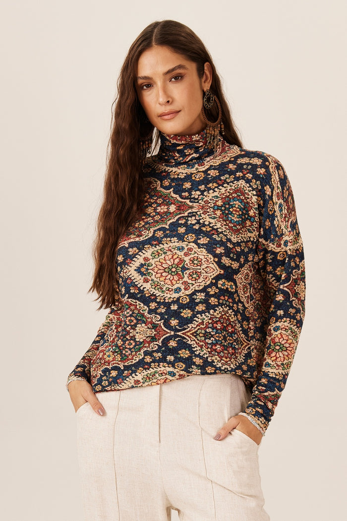 Yacamim B29 Blue Ribbed Loose Printed Tunic
