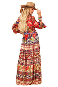 Yacamim Red Printed V-Neck Maxi Dress