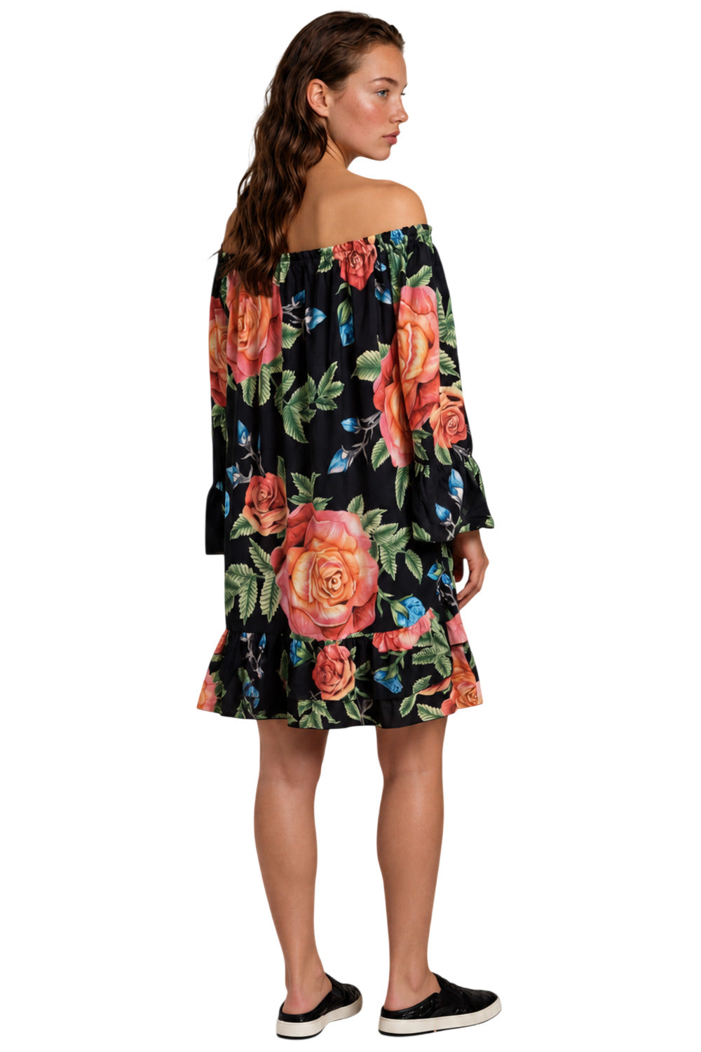 Vestido Curto Ciganinha Com Babados Preto Floral Yacamim D23