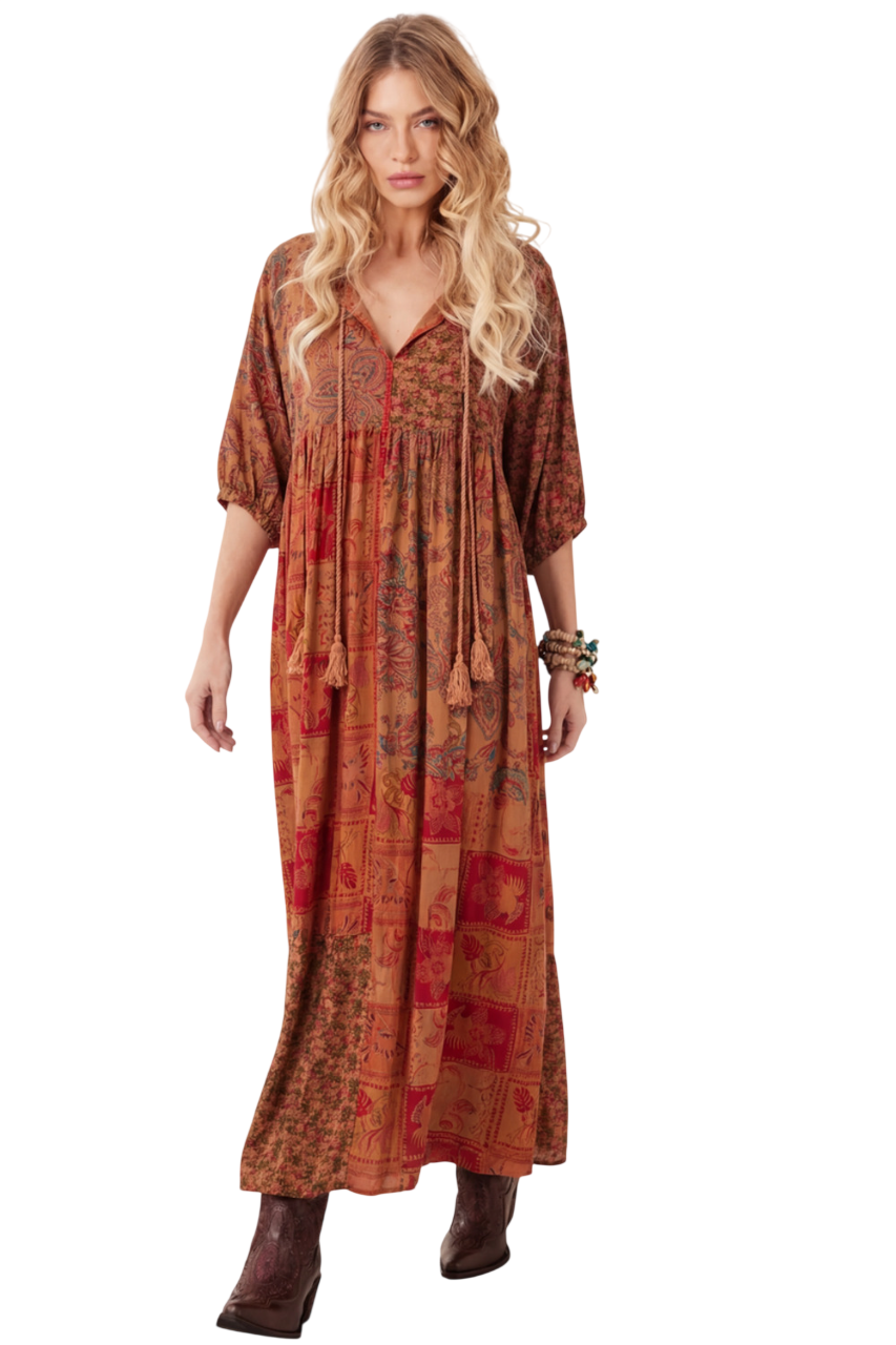 Yacamim Orange Patchwork Long Dress D1