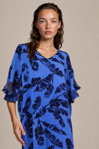 Kaftan Midi Com Babados E Pontas Laterais Azul Patchwork Yacamim J6