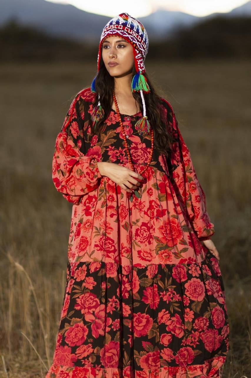 Yacamim Patchwork Pink Long Dress with Puffy Long Sleeves