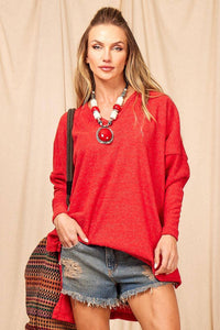 Yacamim Red Ribbed Basic Top With Fitted Long Sleeves