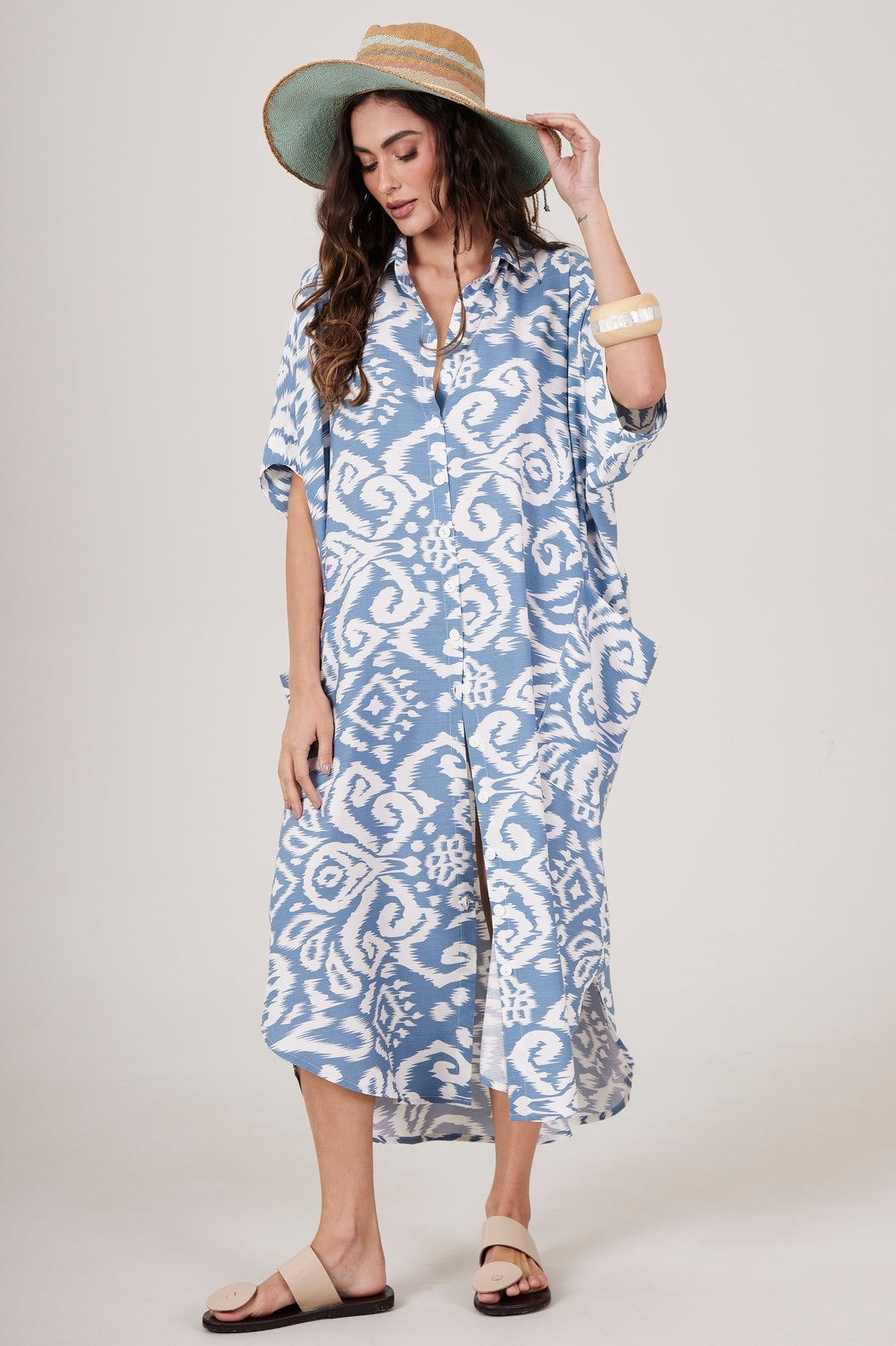 Yacamim N4 Petroleum Blue Printed Midi Shirtdress with Pockets