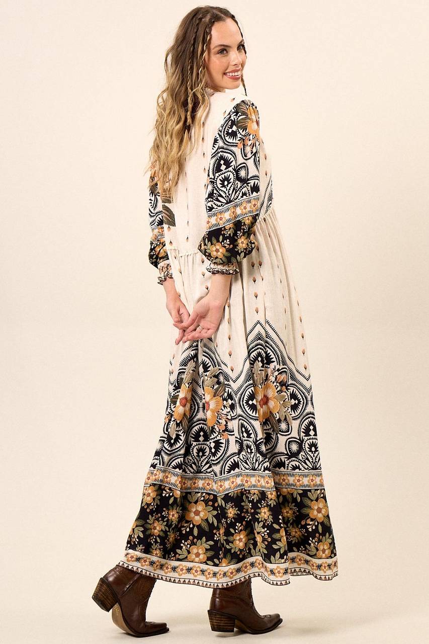 Yacamim Beige Printed Long Dress with Puffy Sleeves