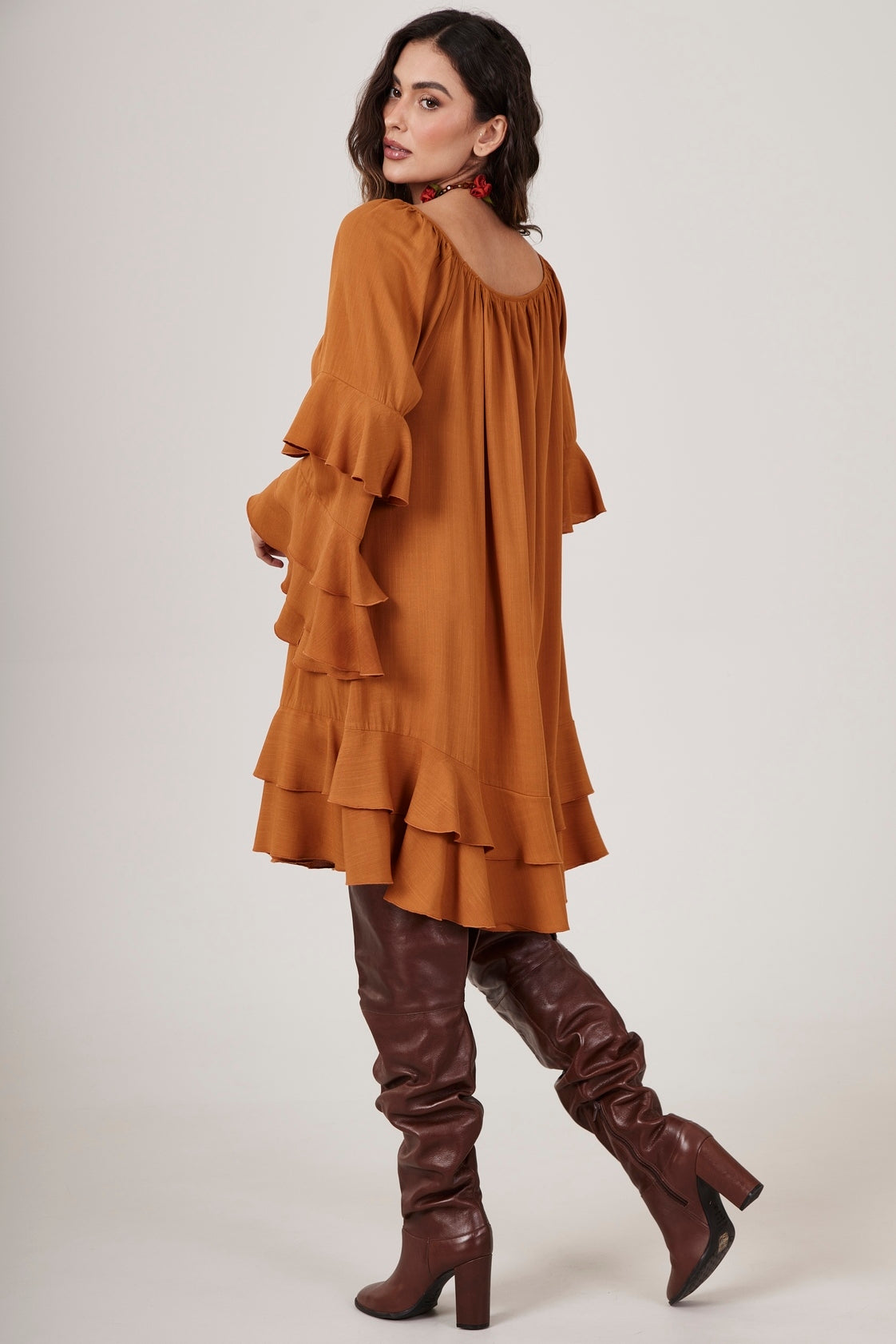 Yacamim D12 Plain Caramel Off-the-Shoulder Mini Dress