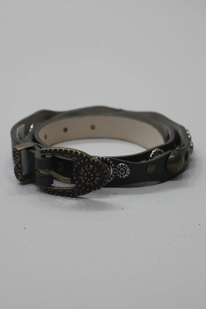 Dark Green Leather Belt With Old Gold Buckle Yacamim #668