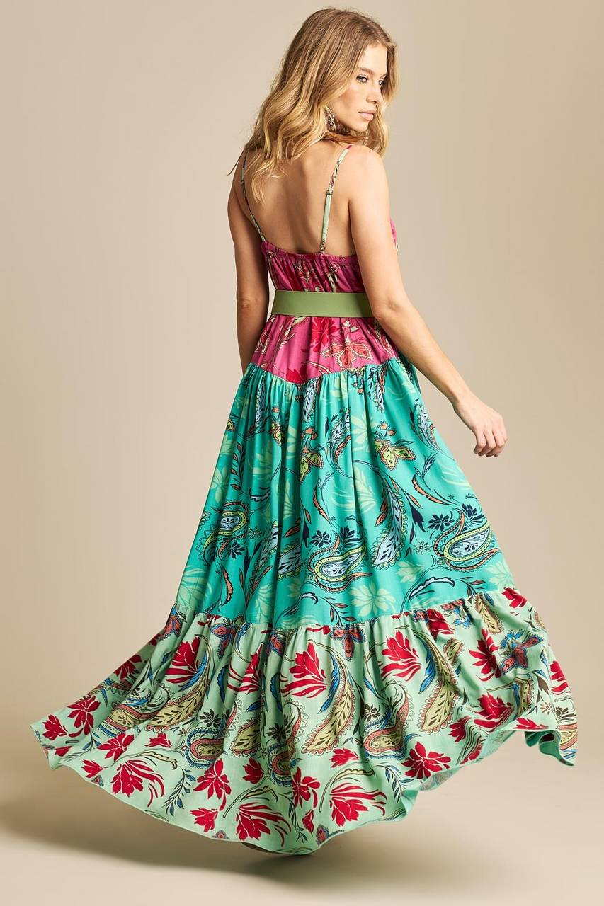 Yacamim D20 Pink and Green Patchwork Long Dress with Adjustable Straps
