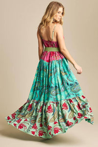 Yacamim D20 Pink and Green Patchwork Long Dress with Adjustable Straps